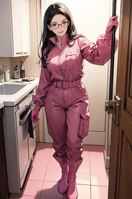 A mature woman with glasses and black hair in a long sleeve jumpsuit and white rubber boots is standing in front of the cleaning supplies cupboard in the bathroom, excitedly trying on a pair of oversized pink rubber gloves