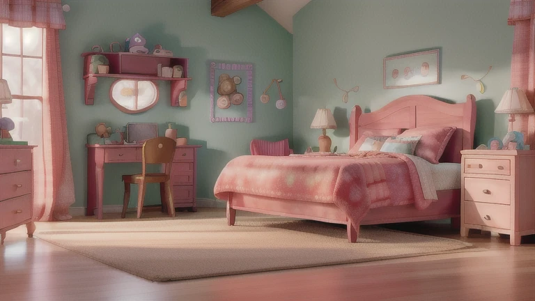 Render Lucy’s cozy bedroom with colorful decor. Lucy looks worried while standing by her bed. Max, her brother, and Buddy, the animated dog, stand nearby, ready to help. Show a close-up of Lucy’s bed, missing the teddy bear, Mr. Snuggles.