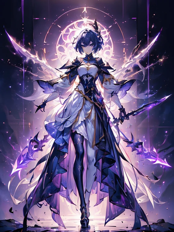 Design a layout showcase Gaming character, (1girl). Golden+Purple clothes, stylish and unique. ((showcase weapon:1.4)), magic staff. (masterpiece:1.2), (best quality), 4k, ultra-detailed. (Step by step design, layout art:1.5), (luminous lighting, atmospheric lighting). magican, ((glove full hands)), (((revealing clothes:1.3))), vambraces, armored legwear, (((full_body_shot:1.4))). {In a mystical forest|On a magical battlefield}.