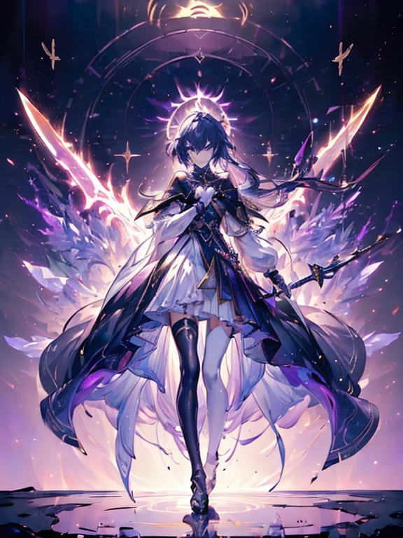 Design a layout showcase Gaming character, (1girl). Golden+Purple clothes, stylish and unique. ((showcase weapon:1.4)), magic staff. (masterpiece:1.2), (best quality), 4k, ultra-detailed. (Step by step design, layout art:1.5), (luminous lighting, atmospheric lighting). magican, ((glove full hands)), (((revealing clothes:1.3))), vambraces, armored legwear, (((full_body_shot:1.4))). {In a mystical forest|On a magical battlefield}.
