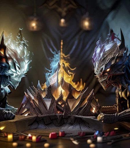 They are skeleton warriors, they are dragon warriors, they are wizards in hoods , they are elves, ((( 2 Cabal creatures are dueling on the card table , 2 creatures of darkness are battling on the card table, 2 mystical creatures are comforting each other on the card table )),