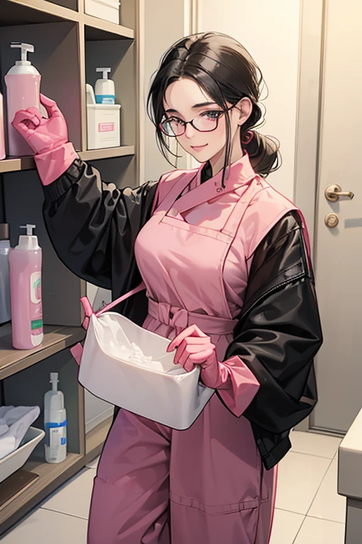 A mature woman with glasses and black hair tied up in a long sleeve jumpsuit and white rubber boots is blushing as she tries on a pair of oversized pink rubber gloves in front of the cleaning supplies cupboard in the bathroom