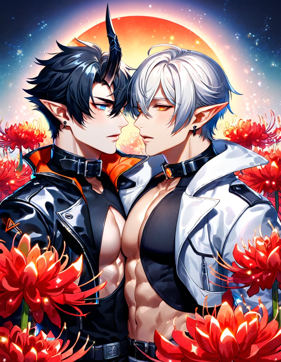 absurdres, highres, ultra detailed, HDR) master piece, best quality, Flamebringer, black hair, expressive orange eyes, slightly pointy ears, black horns, black tight shirt, cropped leather jacket, black collar, black earrings, Arknights, Executor, white hair, expressive blue eyes, white coat, two men together, yaoi, gay couple, handsome, toned chest, magical fantasy, red butterflies, glittering, sparkling, red spider lilies, petals, radiant, red gemstones background
