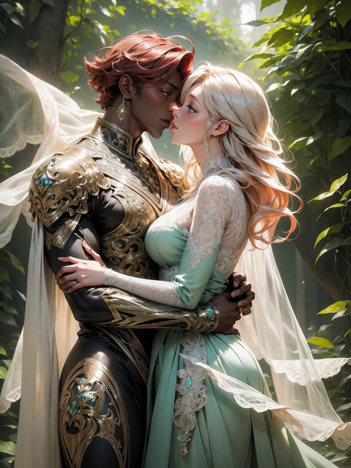 {-erro_de_anatomia:1.0}(best quality,4k,8k,highres,masterpiece:1.2), ultra-detailed, (realistic,photorealistic,photo-realistic:1.37), mature milf, illyasviel von einzbern, redhead hair, upper body, vibrant colors, glowing skin, mesmerizing eyes, brown eyes, elegant pose, enchanting background, delicate lace dress, green dress, surreal lighting, ethereal atmosphere, mystical aura, intricate details, artistic medium, digital illustration, fantasy, anime, walking on nature, kissing a beautiful black man (black skin) 