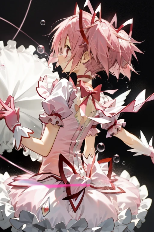 One girl, alone, kaname madoka, Pink Hair, short hair, Twin tails, Pink Eyes, choker, Puff short sleeves, gloves, Bubble Skirt, Frills, From behind, Recall, masterpiece, highest quality