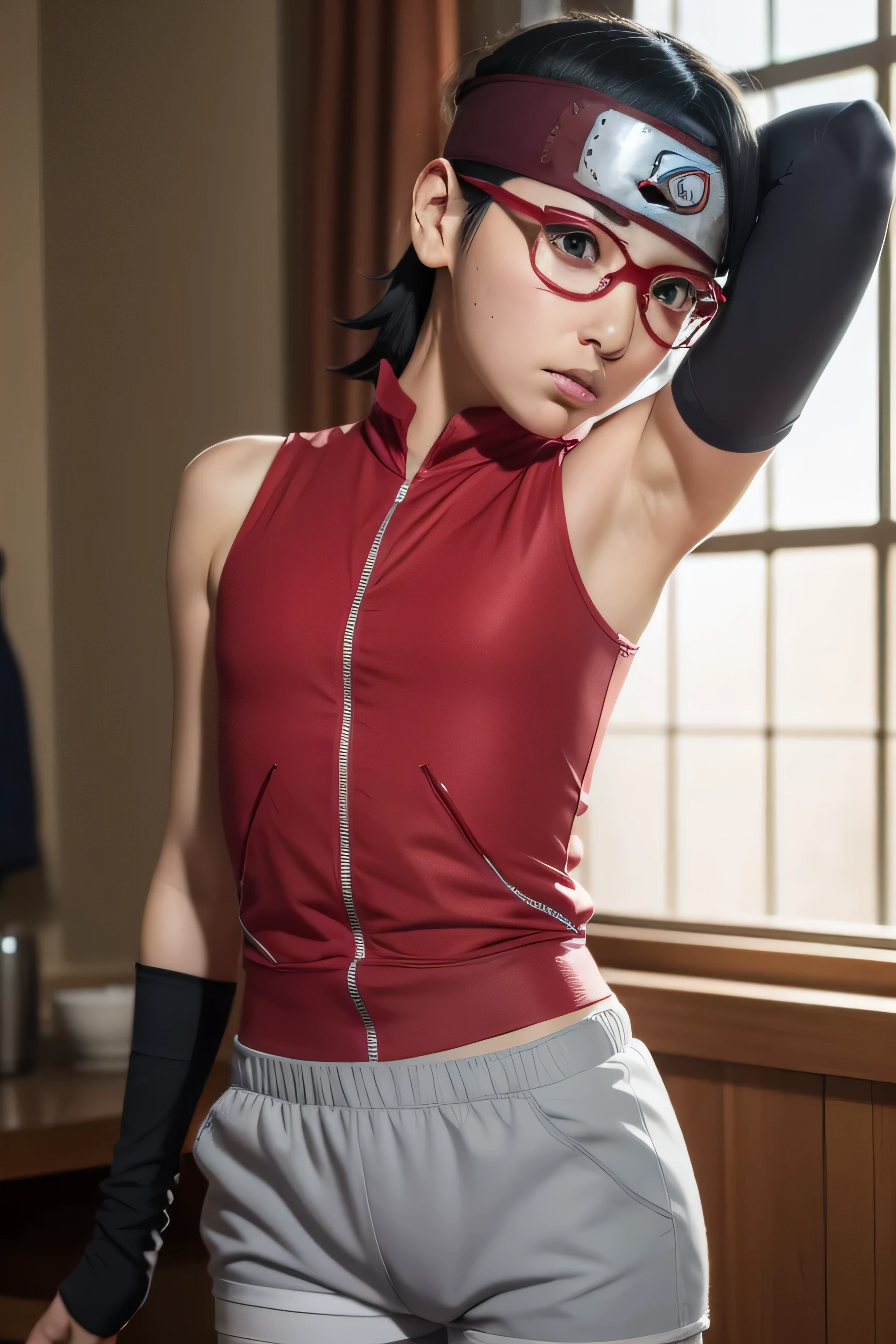 1 girl, standing, beautiful Sarada Uchiha, 18 years old, Cups, Black thighs, arm warmers, forehead protector, shorts, short hair, big chest, black eyes wearing glasses, small hips, big ass, capture anime screen, Sarada is 18 years old, mature appearance,armpits,sweat,sweaty,sweaty armpits,arms up,showing armpits,awesome armpits,outfit,blackish red arm warmers,maroon arm bands,matoon arm warmers