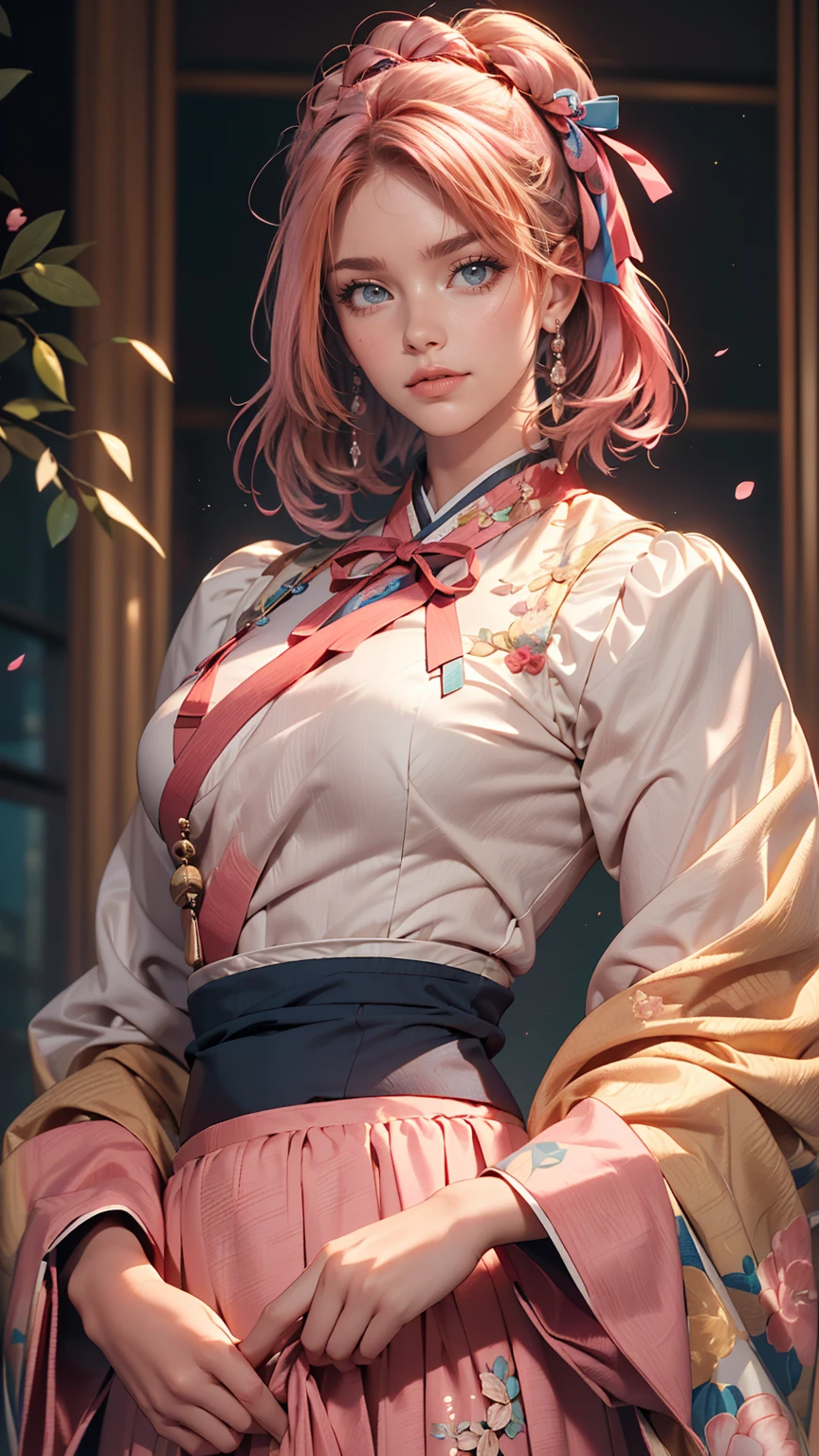 (finely detailed beautiful eyes and detailed face,masterpiece sidelighting,masterpiece,highest quality,detailed,High resolution illustrations),, (One girl,whole body,beautiful girl,Shiny skin,Looking down,View Viewer),, (Pink Hair,blue eyes,ribbon,hanbok, korean clothing), (Dressed_Underbust:1.2),Underbust,