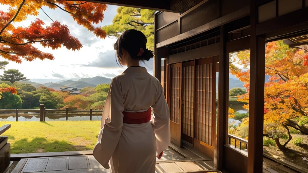 Back view of a walking woman in a kimono、Old Japanese temple、Autumn leaves、Light leaks through gaps in the clouds