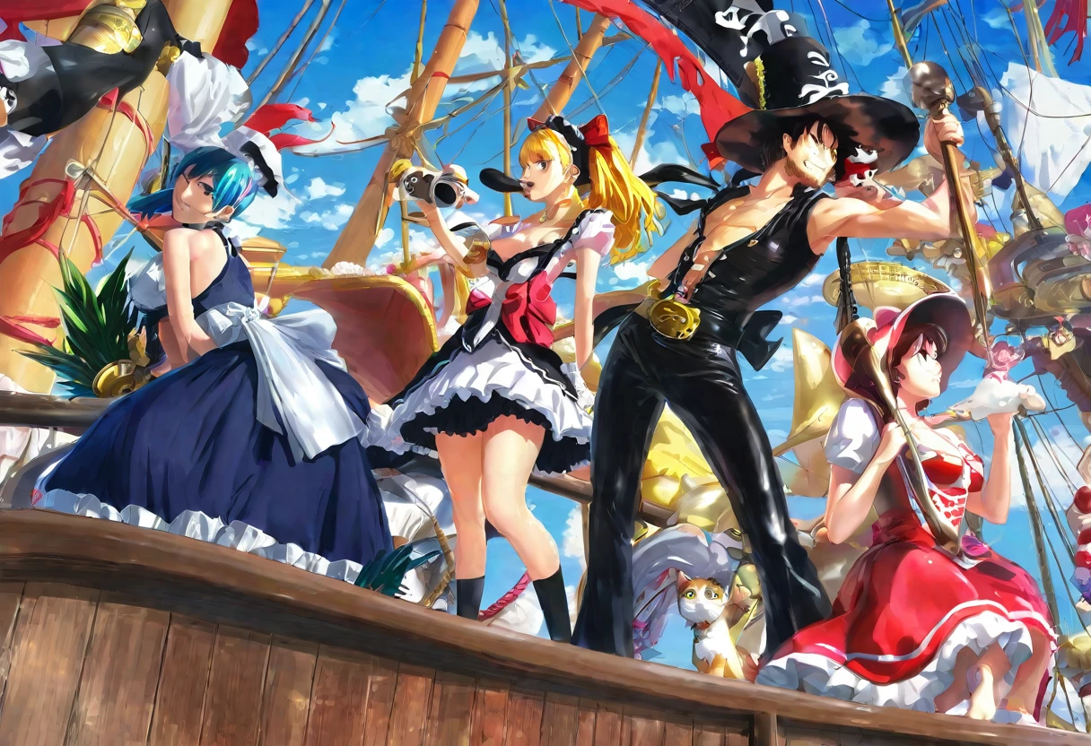 A sexy maid competition among the One Piece pirates as they pose on the decorated ship, 1girl,1boy, maid outfit, pirates, catcall, sexy, anime, comedy, highly detailed, masterpiece, 8k, photorealistic, dramatic lighting, vibrant colors, dynamic composition