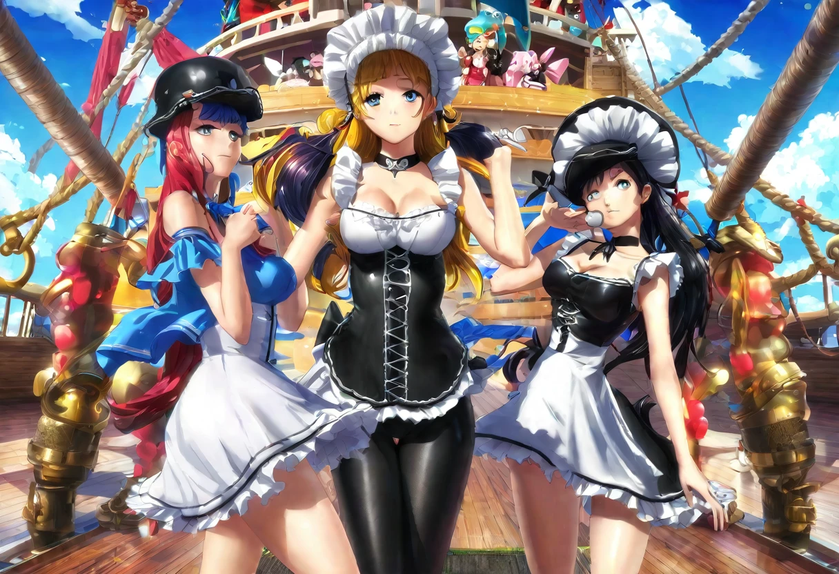 A sexy maid competition among the One Piece pirates as they pose on the decorated ship, 1girl,1boy, maid outfit, pirates, catcall, sexy, anime, comedy, highly detailed, masterpiece, 8k, photorealistic, dramatic lighting, vibrant colors, dynamic composition