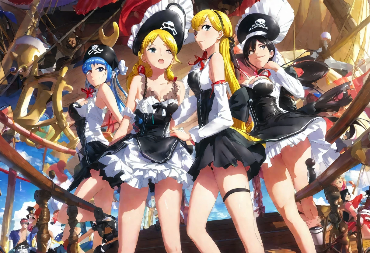 A sexy maid competition among the One Piece pirates as they pose on the decorated ship, 1girl,1boy, maid outfit, pirates, catcall, sexy, anime, comedy, highly detailed, masterpiece, 8k, photorealistic, dramatic lighting, vibrant colors, dynamic composition