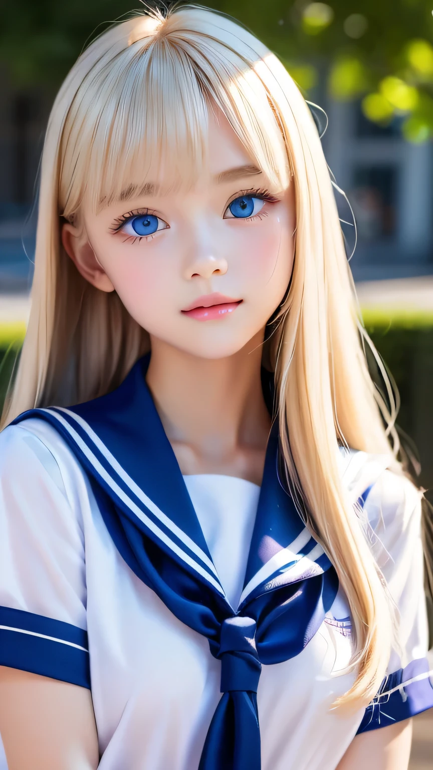 Portrait、(School uniform)、Sailor suit、Bright expression、bangs over eyes、Hair on the face、Younger, brighter, whiter skin、Best Looks、Blonde reflection、Natural platinum blonde hair with dazzling highlights、Super long straight silky hair、Shiny bright hair,、Super long, silky straight hair、Shiny beautiful bangs、Sparkling transparent attractive shining big bright blue eyes、A very beautiful, lovely and cute 16 year old girl.、Big and ample breasts、With slits、((The whole body is visible))、Cheek gloss highlighter、Small Face Girl、Round face