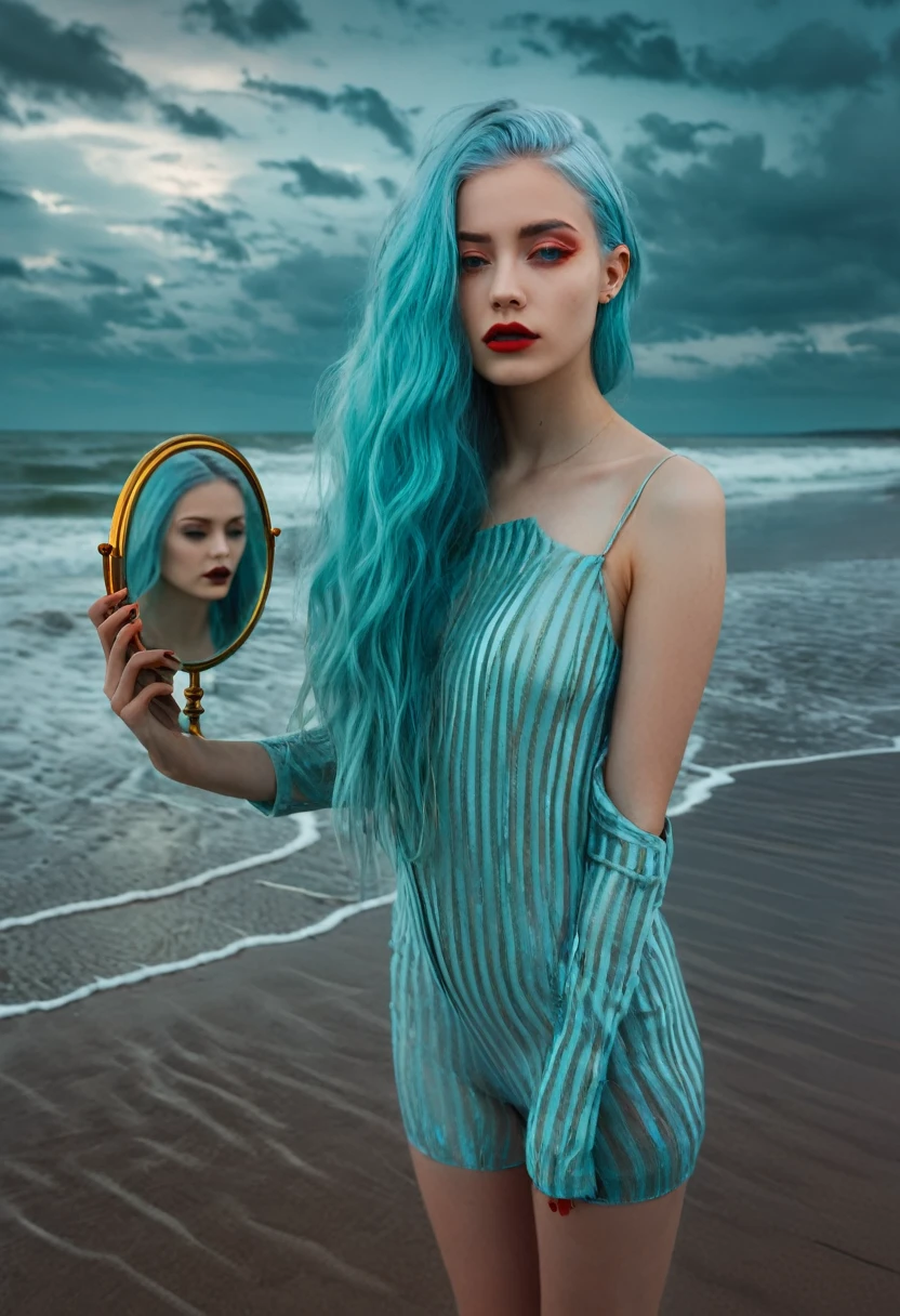 Create a high-quality, 8K ultra-high resolution image of a woman with long, light blue hair standing on a beach, holding a mirror. She is looking at her reflection, which has a blurred face and is gazing directly at the viewer, conveying an eerie and melancholic aura. The background features a breathtaking, overcast sky in shades of gold, red, and orange, adorned with visible galaxies and stars, adding to the somber and otherworldly mood of the scene. Use high contrast and low saturation to emphasize the detailed anatomy-based character design and the emotional depth of the composition.