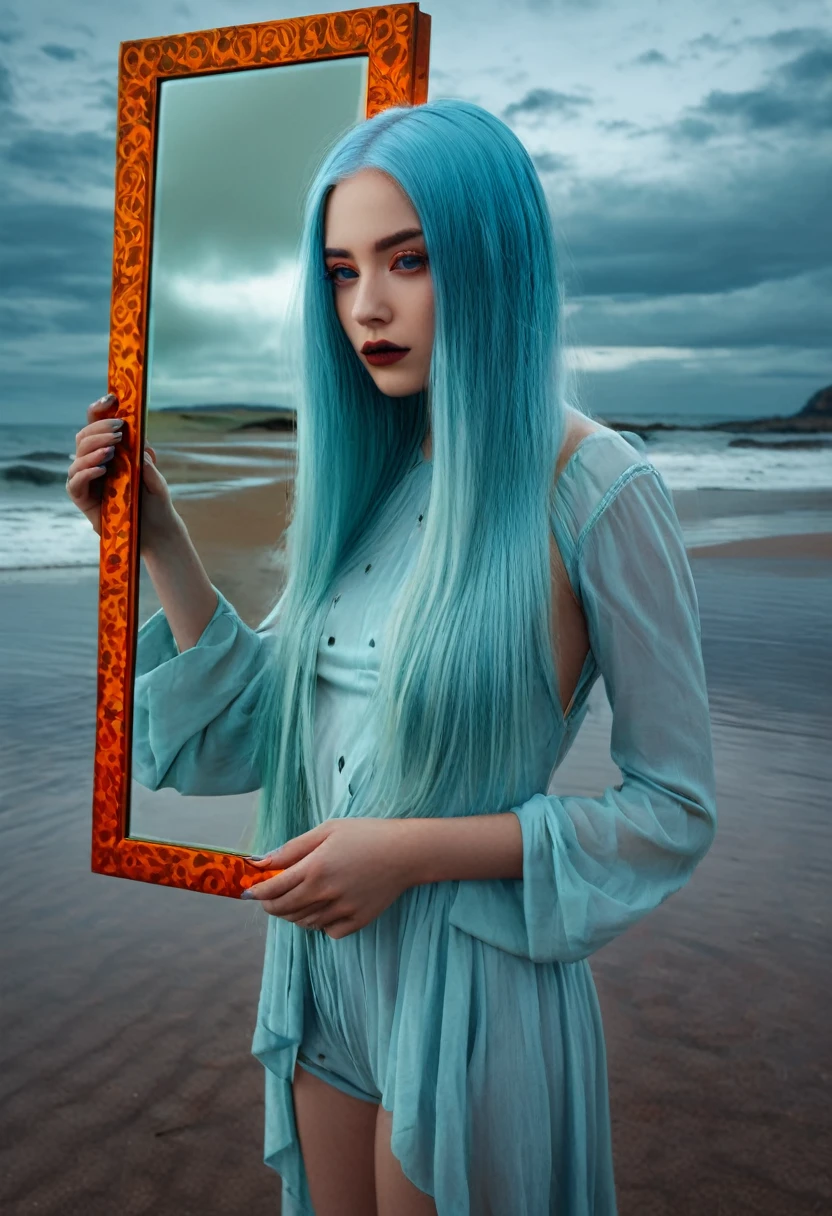 Create a high-quality, 8K ultra-high resolution image of a woman with long, light blue hair standing on a beach, holding a mirror. She is looking at her reflection, which has a blurred face and is gazing directly at the viewer, conveying an eerie and melancholic aura. The background features a breathtaking, overcast sky in shades of gold, red, and orange, adorned with visible galaxies and stars, adding to the somber and otherworldly mood of the scene. Use high contrast and low saturation to emphasize the detailed anatomy-based character design and the emotional depth of the composition.