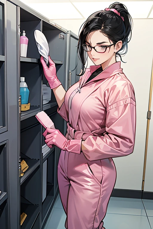 A mature woman with glasses and black hair tied up in a ponytail, wearing a long-sleeved jumpsuit and white rubber boots, is blushing as she tries on a pair of oversized pink rubber gloves in front of a locker for cleaning supplies in the bathroom