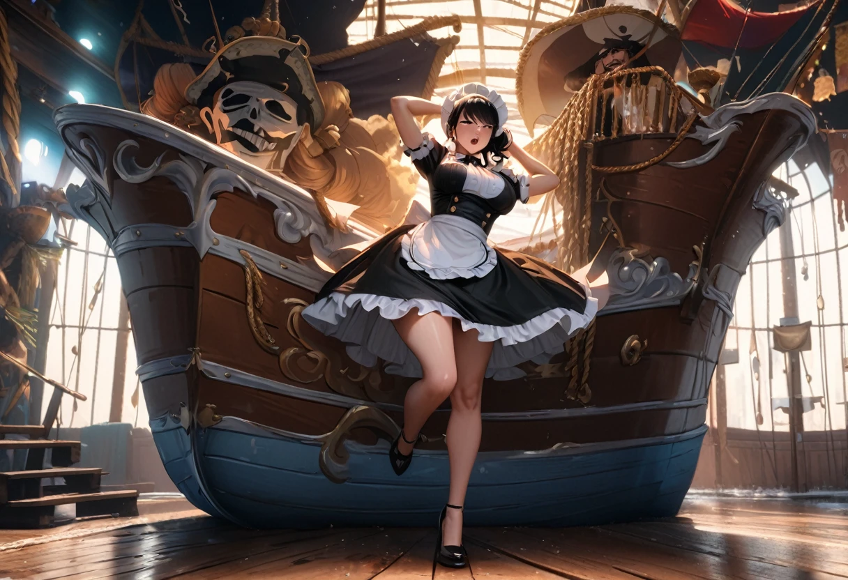 A sexy maid competition among the One Piece pirates as they pose on the decorated ship, 1girl,1boy, maid outfit, pirates, catcall, sexy, anime, comedy, highly detailed, masterpiece, 8k, photorealistic, dramatic lighting, vibrant colors, dynamic composition
