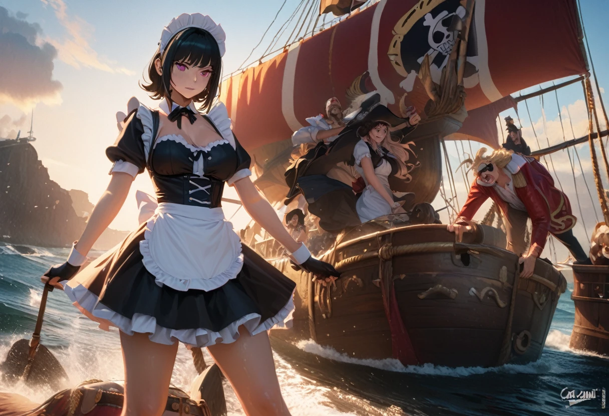 A sexy maid competition among the One Piece pirates as they pose on the decorated ship, 1girl,1boy, maid outfit, pirates, catcall, sexy, anime, comedy, highly detailed, masterpiece, 8k, photorealistic, dramatic lighting, vibrant colors, dynamic composition
