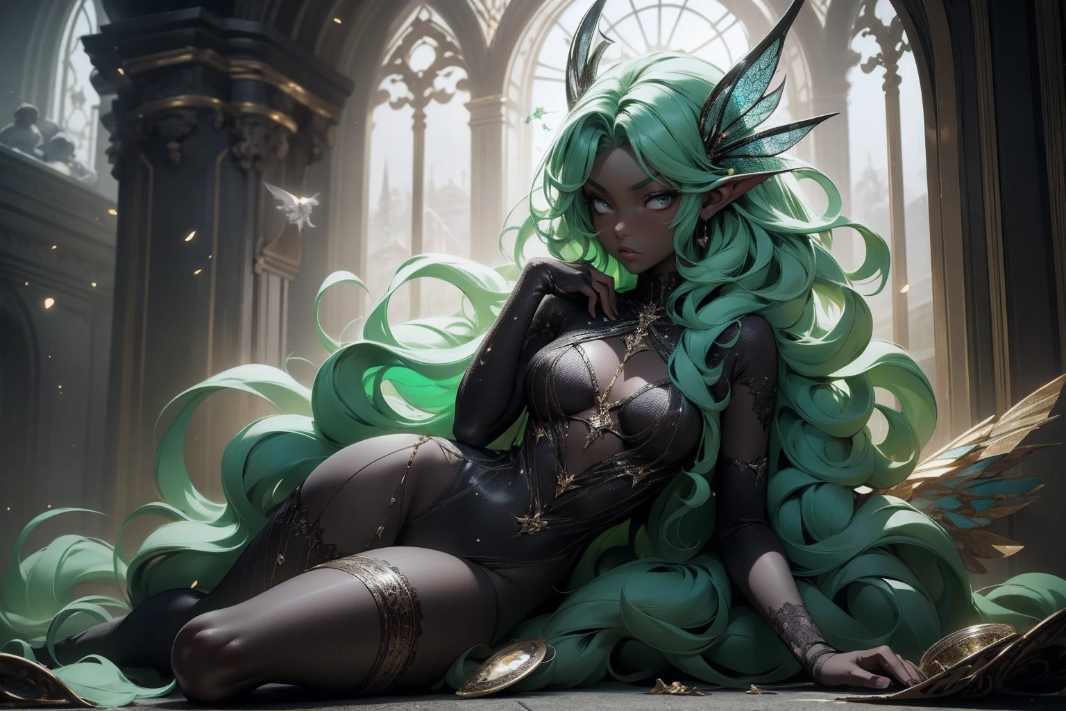 (Absurd, high quality, ultra -compared, careful with the hand) fairy, fairy wings, dreamer body, vivid, romantic and all. Optimistic face, just lies, without entry and intellectual. Reckless style, cold heart, impatient and too confident. Gray eyes, ripe and dark (eyes of the eyes), enchanted fairy (pixie) . medium curly hair, green hair. In the carnival row illustration, laying on the ground, Whole body, black skin (black skin)