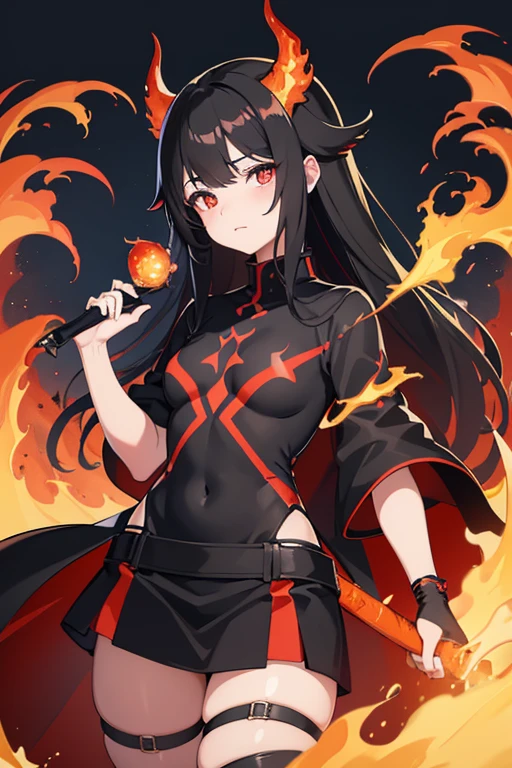 girl, Black Hair, Red eyes, Small red horns, inflammationのような水着を着て, Lava biome, Vibrant colors, Bright lighting, Extremely detailed, colorful, masterpiece, Browsing Caution, High resolution, inflammation, fire