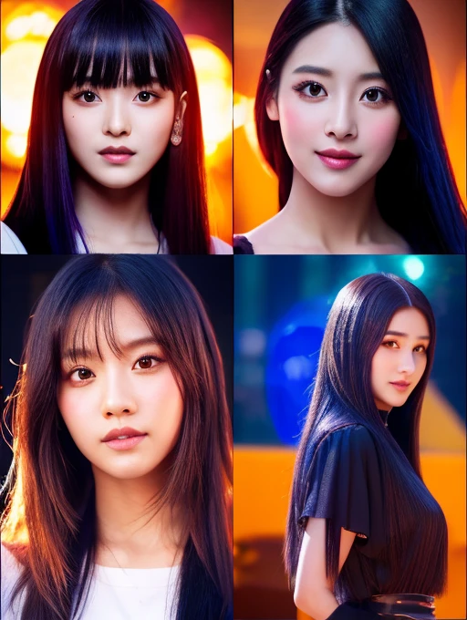 The screen is crowded「Sunlight Orange」「Mint Crystal」「Obsidian Elf」「Purple moonlight」「Crimson Phantom」「Magic blue bear」
straight hair、pupils sparkling(Skin brightening)
high quality、8K ,最high quality,Sexy pose