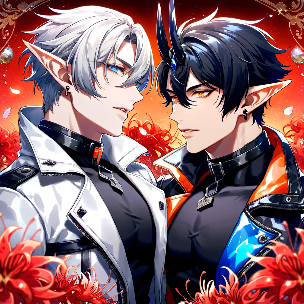 absurdres, highres, ultra detailed, HDR) master piece, best quality, Flamebringer, black hair, expressive orange eyes, slightly pointy ears, black horns, black tight shirt, cropped leather jacket, black collar, black earrings, Arknights, Executor, white hair, expressive blue eyes, white coat, two men together, yaoi, gay couple, handsome, toned chest, magical fantasy, red butterflies, glittering, sparkling, red spider lilies, petals, radiant, red gemstones background