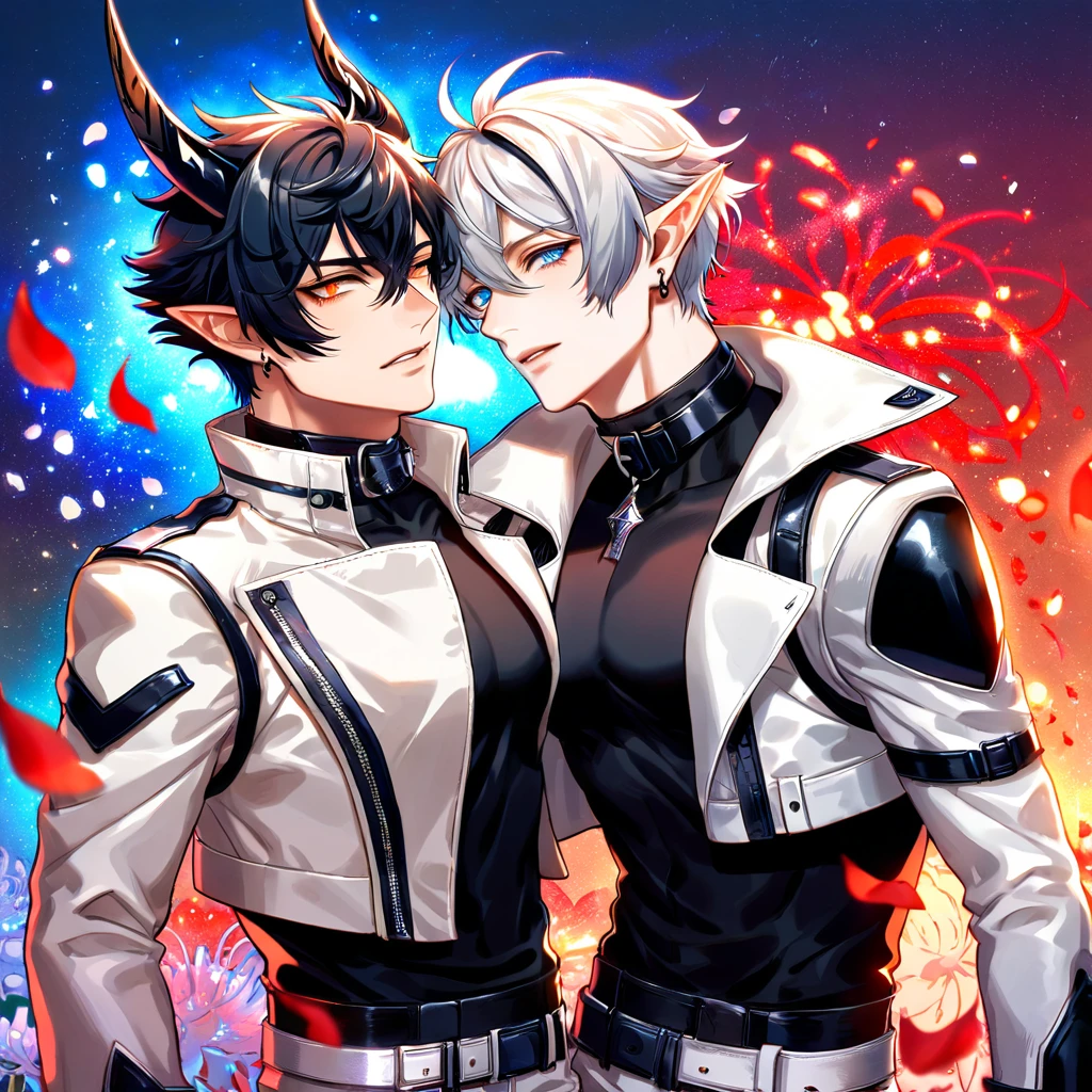 absurdres, highres, ultra detailed, HDR) master piece, best quality, Flamebringer, black hair, expressive orange eyes, slightly pointy ears, black horns, black tight shirt, cropped leather jacket, black collar, black earrings, Arknights, Executor, white hair, expressive blue eyes, white coat, two men together, yaoi, gay couple, handsome, toned chest, magical fantasy, red butterflies, glittering, sparkling, red spider lilies, petals, radiant, red gemstones background