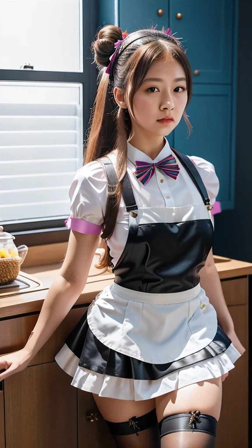 ((（one maid）))Lace headband，long hair bun，Maid overalls，Rainbow Silk Bow Tie，Short sleeves with tight cuffs，apron，Short skirt，Thigh exposed 20cm，Black high-tops over the knee，leather shoes，Facial expression puzzled