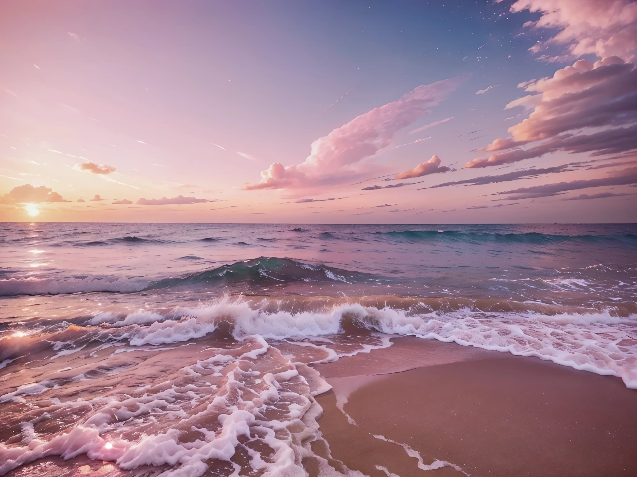 Pink moon, pink sky, soft pink clouds, pink ocean waves sparkling, sparkling, pink roses on pink ocean, fantasy, diamond, crown, universe, soft lights,