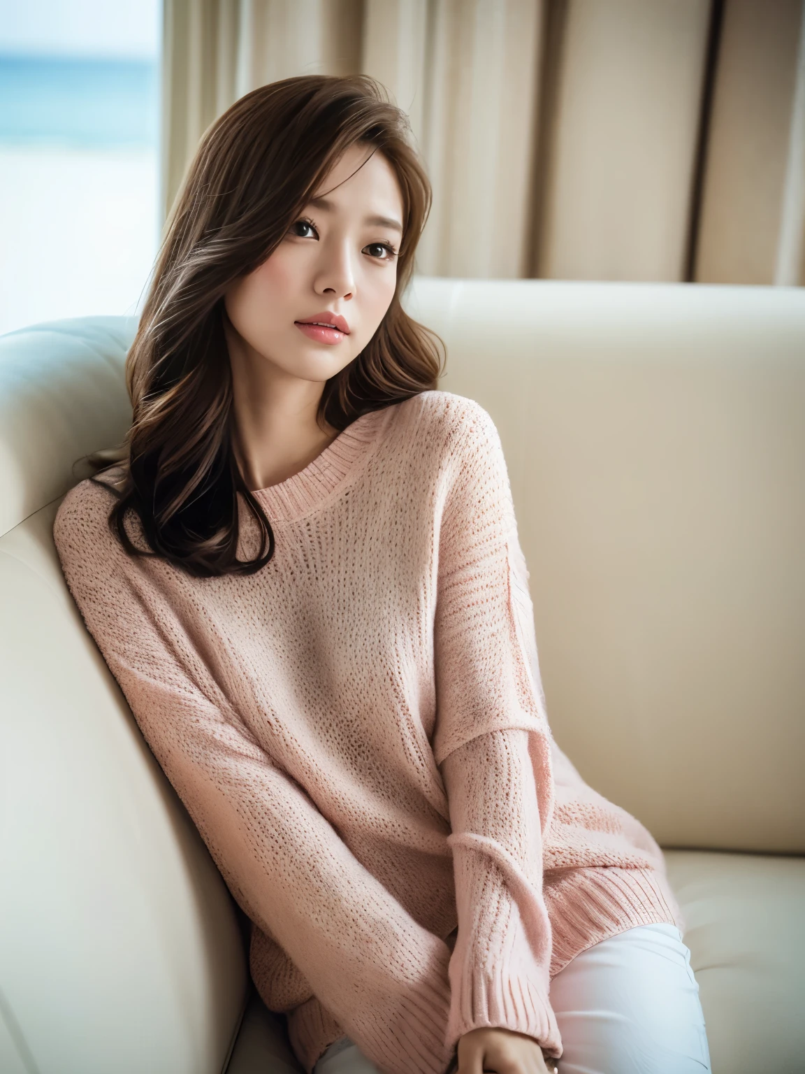 Cinematic photography, 1 beauty: 1.2, Pale pink sweater, White pants, Brown medium hair, Highly detailed face, Sitting on a white sofa, background: Sea Resort, Body facing forward, West Shot,