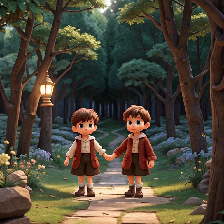 to famous fairy tales《Hansel and Gretel》artistic interpretation，Presented in a unique cartoon cute version。Brother and sister ran away from the forest，。The overall atmosphere is mixed with whimsy，with a hint of mystery。