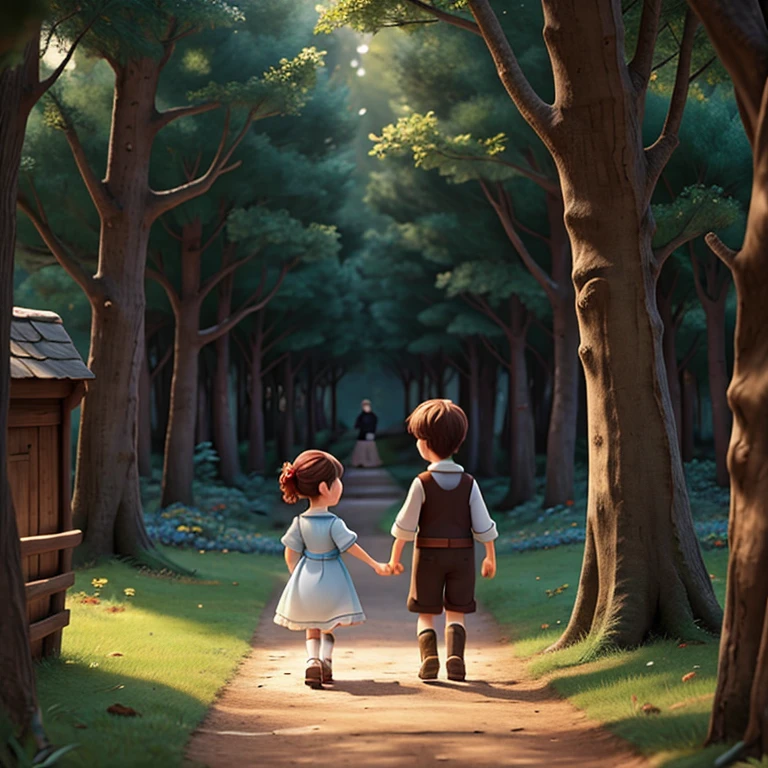to famous fairy tales《Hansel and Gretel》artistic interpretation,Presented in a unique cartoon cute version。Brother and sister ran away from the forest,。The overall atmosphere is mixed with whimsy,with a hint of mystery。