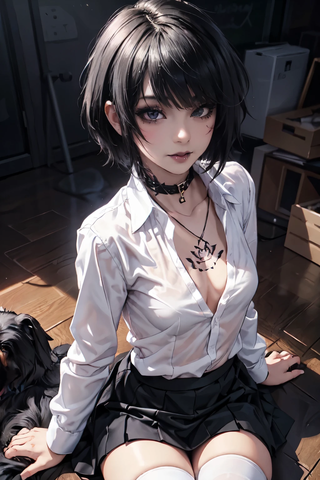 1girl, woman, emo_hairstyle, black lipstick, dog collar, eyeliner, eye shadow, smoky eyes, realistic lighting, half open white business shirt, school skirt, black thighhighs, satanic tattoo, breast tattoo, smug, smirk, short hair, flat chest, shiny skin.
