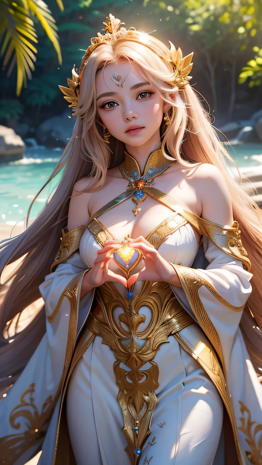 "Maiden of the Sun, Goddess of Love": Within a sacred sanctuary bathed in sunlight, depict the figure of a sun goddess who governs love, facing forward and emanating divine radiance. Zoom in to focus on her face, with a gleaming heart-shaped gem in her hands, representing the power of love. Her hair is shimmering gold, and she is wearing a holy robe that covers her entire body. The background should be predominantly gold, evoking a sense of divine splendor, with numerous heart-themed objects expressing the beauty of love. The setting is in heaven, enveloped in soft, bright light, where one can find tranquility and peace of mind, free from any trace of anxiety. Additionally, the light emanating from her hands should take the form of radiant hearts, resting gently on the palm of her hands.