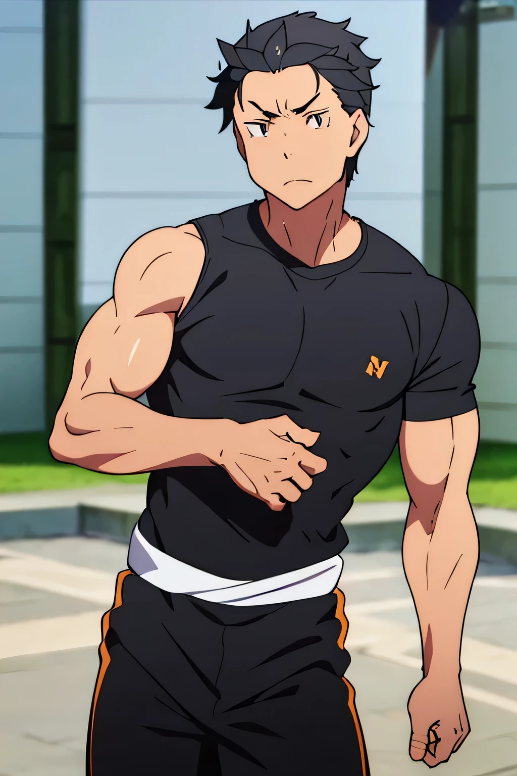 Subaru is flexing his biceps. He wears black shorts. You can see his thighs. He looks stoic and serious. He has bulging veins on his arms. He wears a black tshirt with short sleeves. His sleeve is completely rolled up so you can see his entire arm and shoulder. He is showing his abs too.