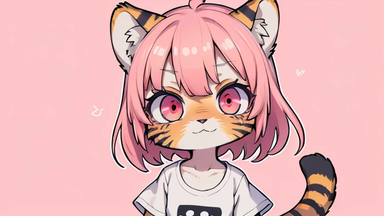 (obra maestra, Alta calidad, mejor calidad, 8K, high resolution), ((estilo chibii, Chibi lindo)), (solo, 1 girl), {Tiger Girl, cara de tigre, 2 colmillos, long eyelashes, delineador de ojos} {bigotes de tigre}, (((Piel de tigre por todo el cuerpo., Rayas de tigre en el cuerpo.))), (pelo naranja), cabello corto, Pinza para el cabello, [[Pinza para el cabello white flower on hair]], ((Muy feliz)), ((boca abierta)), ojos naranjas, [pupilas negras], ((buscando)), (very small breasts), brazos delgados, (un brazo arriba, un brazo hacia abajo), axilas, ((mini camiseta rosa, camiseta rosa completa)), {shorts blancos}, {{{mini cola de tigre, Cola en la espalda}}}, (cuerpo completo), (((de pie, jump angle))), dynamic pose, Fondo blanco, fondo sencillo, ((((Estilo Tora-chan no Hanayome)))), (old anime style 40s), estilo animado, anime color.