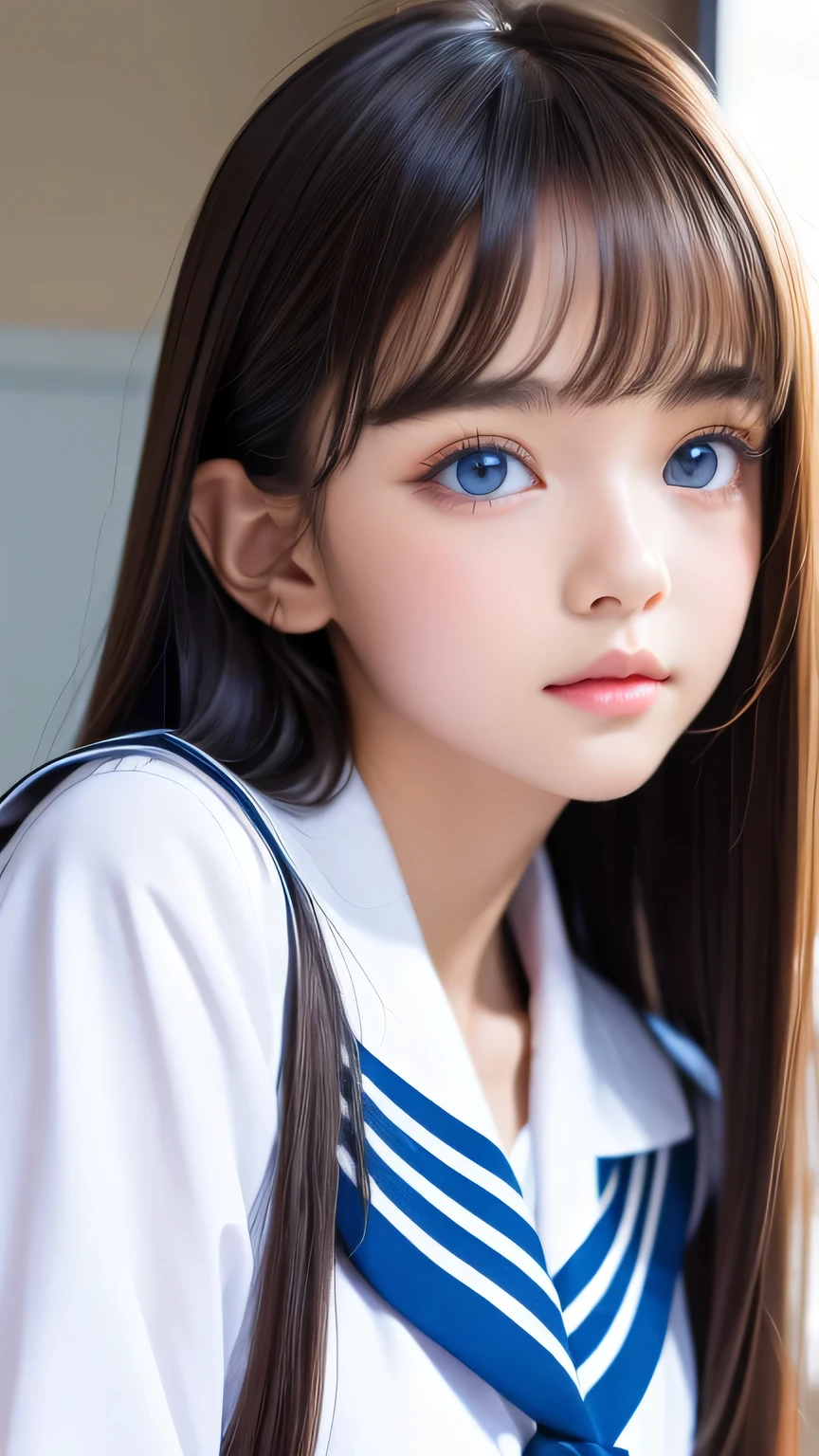 Portrait、(School uniform)、Sailor suit、Bright expression、bangs over eyes、Hair on the face、Younger, brighter, whiter skin、Best Looks、Blonde reflection、Natural platinum blonde hair with dazzling highlights、Super long straight silky hair、Shiny bright hair,、Super long, silky straight hair、Shiny beautiful bangs、Sparkling transparent attractive shining big bright blue eyes、A very beautiful, lovely and cute girl.、Big and ample breasts、With slits、((The whole body is visible))、Cheek gloss highlighter、Small Face Girl、Round face