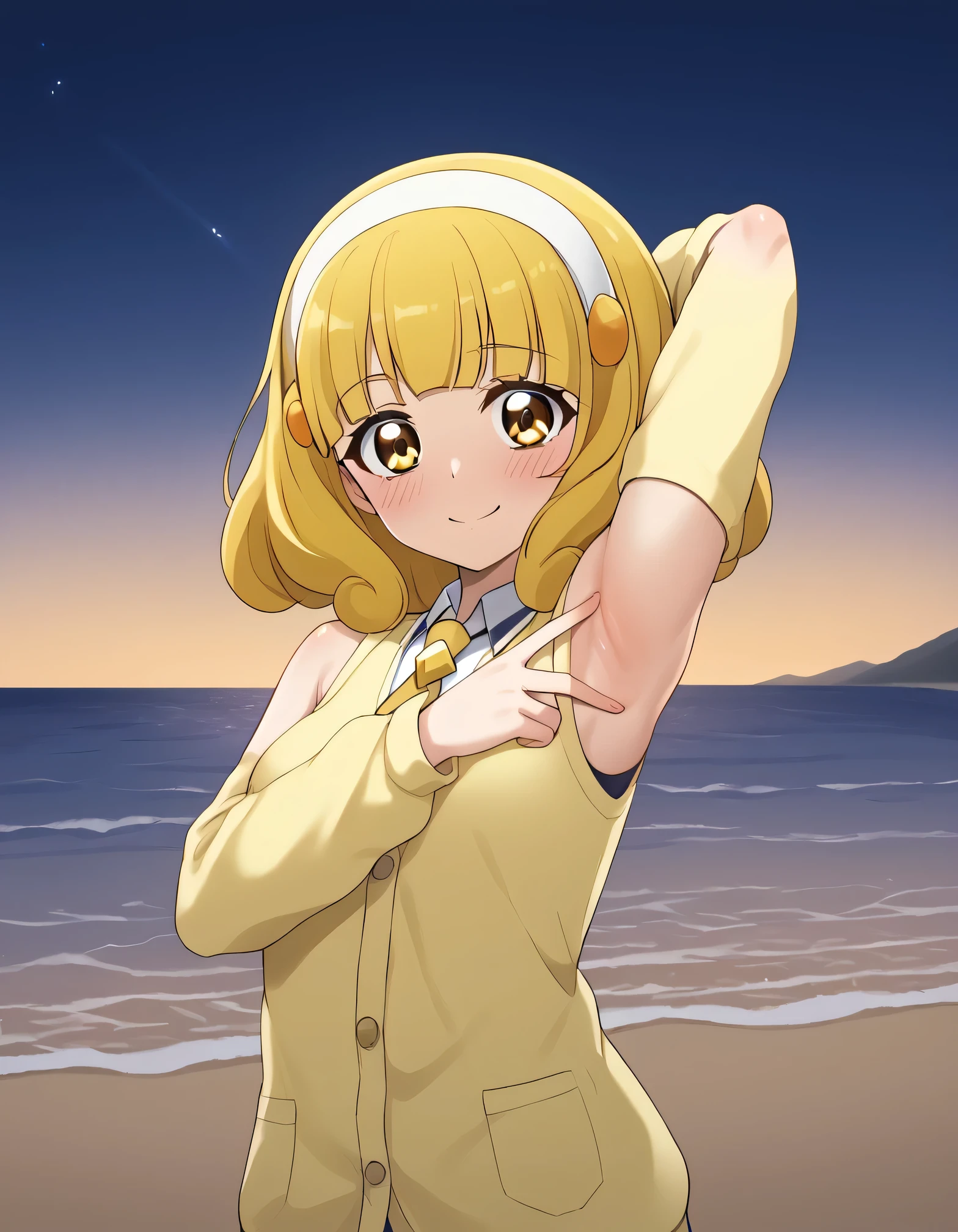 score_9, source_anime, rating_safe BREAK 1girl, solo
kise yayoi, yellow hair, yellow eyes, white hairband, hair ornament, medium hair, nanairogaoka middle , yellow necktie, yellow cardigan, (cowboy shot:1.5), solo, night sky, beach, arm behind head, contrapposto, spread armpits, looking at viewer, best quality, closed mouth, shy, presenting armpit, hand on own armpit, blushing, smile, sleeveless,