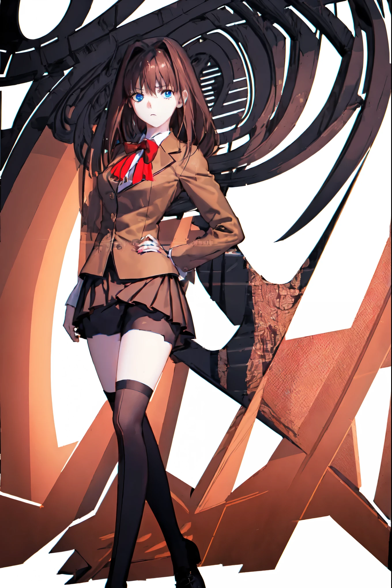 1girl, solo, cinematic light, colorful, hyper detail, dramatic light, intricate details, best quality, (wallpaper, masterpiece, best quality, ultra-detailed, best shadow), (beautiful detailed face, beautiful detailed blue eyes), high contrast, (best illumination, an extremely delicate and beautiful), (girl:1.5), AokoSchoolUniform, ((2 legged)), luscious hair, very long hair, (chestnut-brown hair with slightly reddish undertone), red bowtie, (beige blazer:1.5), (white shirt:0.9), (large breasts:0.7), nice hips, (Umber pleated-skirt:1.5), (black spandex shorts:1.4), (nice thighs:1.5), (symmetrical black thigh-high stockings:1.5), (brown Strap-Shoes), standing straight, ((Full body in frame including full shoes)), white-empty background, (((empty background:1.8)))