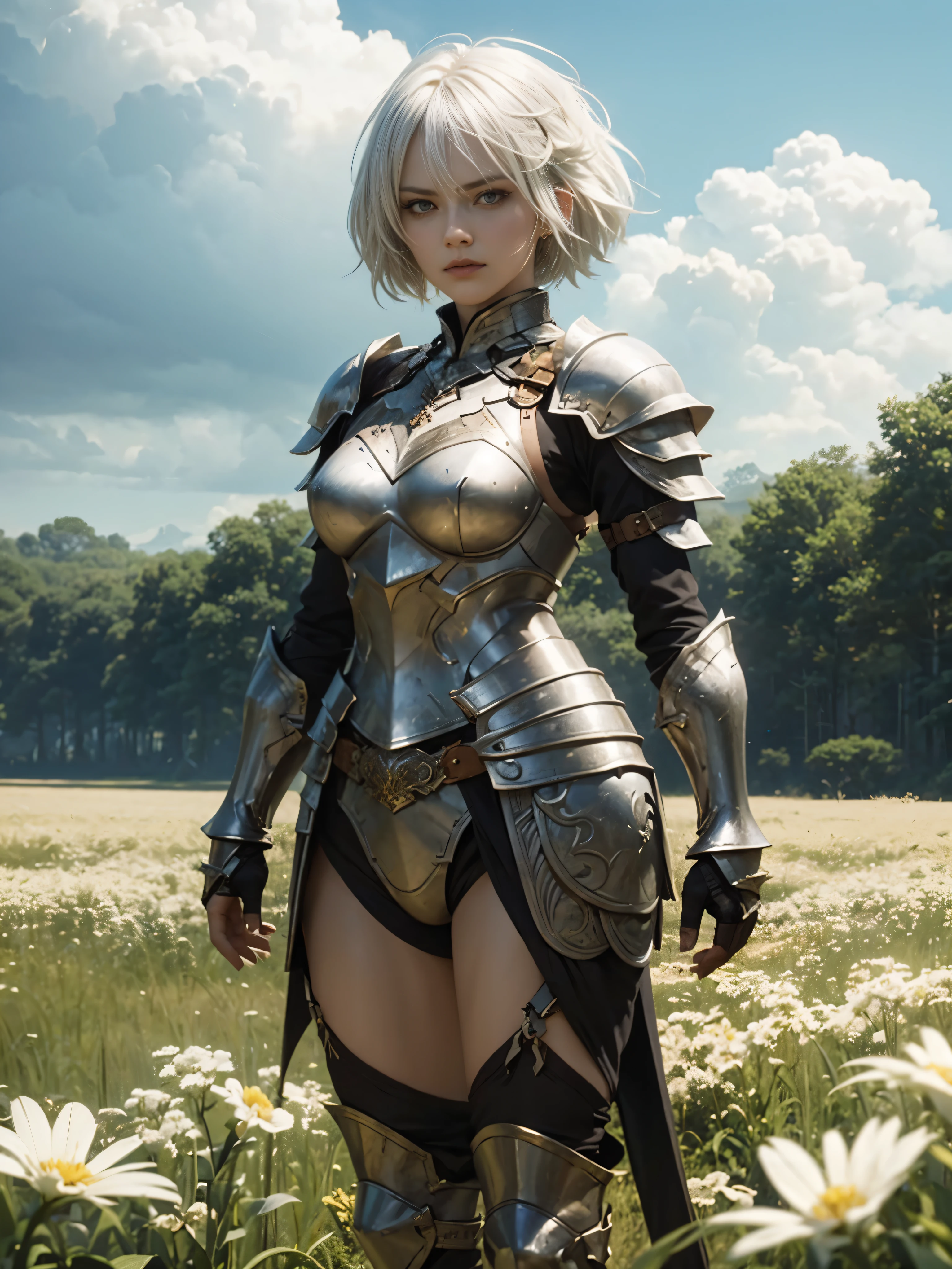 White hair, squinting eyes, armor, Warrior girl, scenery, Sharp eyes.