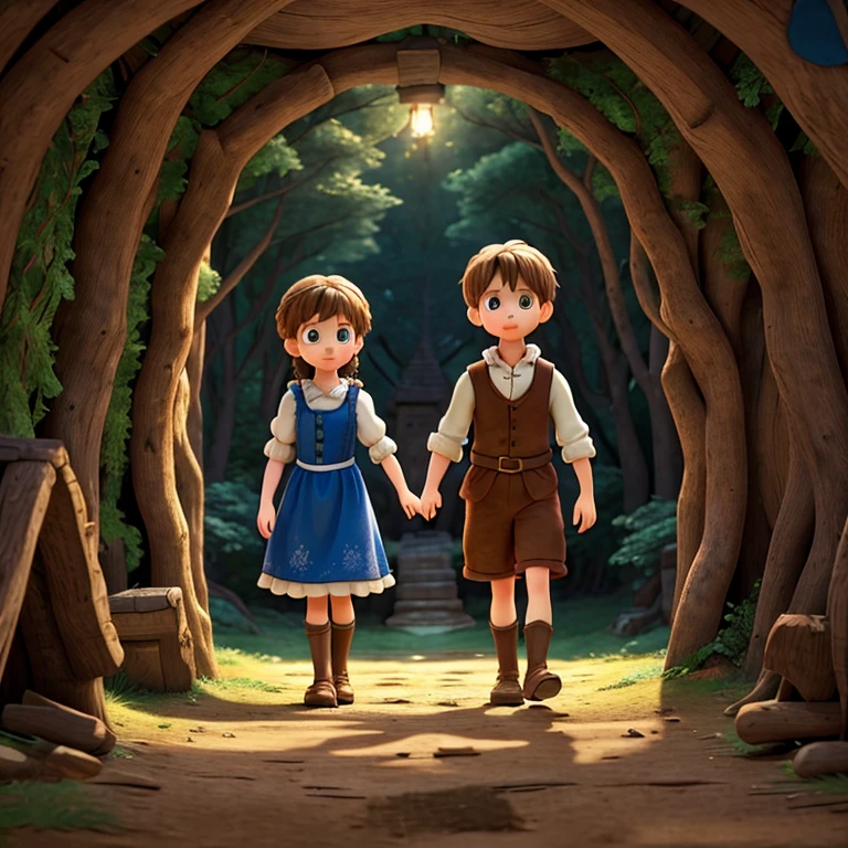 to famous fairy tales《Hansel and Gretel》artistic interpretation,Presented in a unique cartoon cute version。Brother and sister ran away from the forest,。The overall atmosphere is mixed with whimsy,with a hint of mystery。