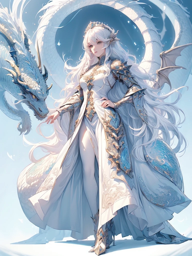 Design a layout showcase Fantasy character, (1girl), mounted on a dragon.
Beautiful armor, wielding a spear, long white hair, wearing a tiara.
((detailed dragon:1.4)), white dragon, full of intricate details.
(masterpiece:1.3), (best quality), 4k, ultra-detailed.
(Dynamic pose, heroic stance:1.5), (dramatic lighting, atmospheric lighting).
warrior, ((tiara:1.2)), (((long white hair:1.4))), spear, (((full_body_shot:1.5))).
In a mystical landscape, high in the sky, with clouds and sunlight.
