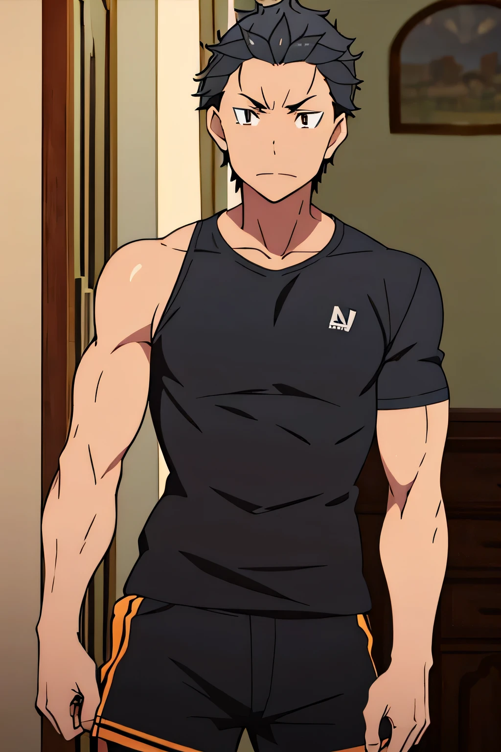 Subaru is flexing his biceps. He wears black shorts. You can see his thighs. He looks stoic and serious. He has bulging veins on his arms. He wears a black tshirt with short sleeves. His sleeve is completely rolled up so you can see his entire arm and shoulder. He is showing his abs too.