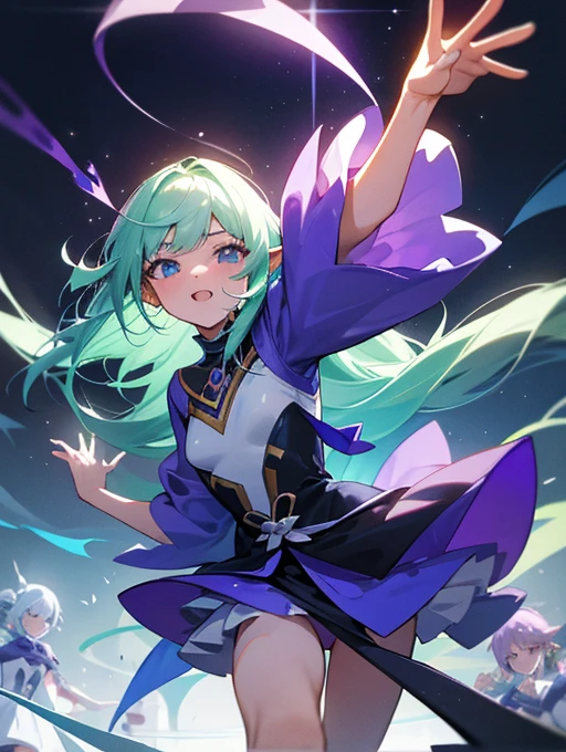 「Sunlight Orange」「Mint Crystal」「Obsidian Elf」「Purple moonlight」「Crimson Phantom」「Magic blue bear」((Number of people: 7 people))
straight hair、pupils sparkling(Skin brightening)
high quality、8K ,最high quality,Sexy pose,((Cheerleading girls,Number of people: 7 people)),Action dancing magic elements illusion colors