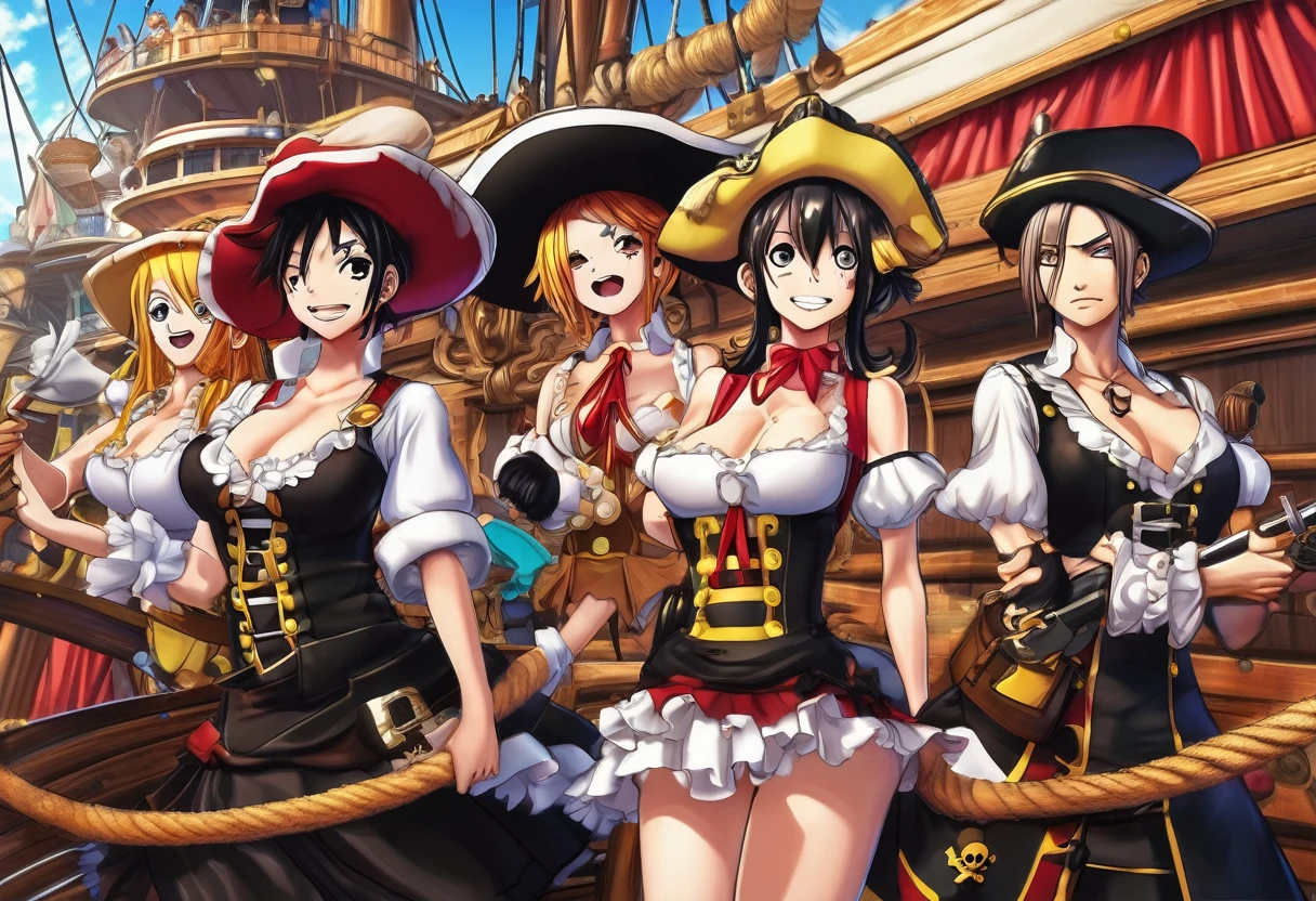 A sexy maid competition among the One Piece pirates as they pose on the decorated ship, 1girl,1boy, maid outfit, pirates, catcall, sexy, anime, comedy, highly detailed, masterpiece, 8k, photorealistic, dramatic lighting, vibrant colors, dynamic composition
