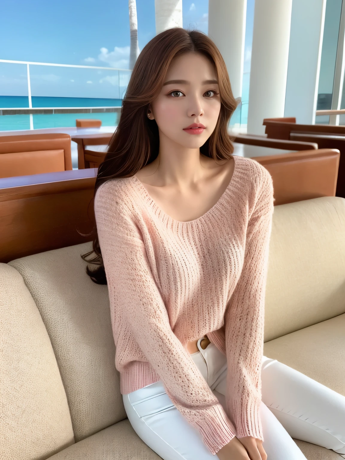Cinematic photography, 1 beauty: 1.2, Pale pink sweater, White pants, Brown medium hair, Highly detailed face, Sitting on a white sofa, background: Sea Resort, Body facing forward, West Shot,