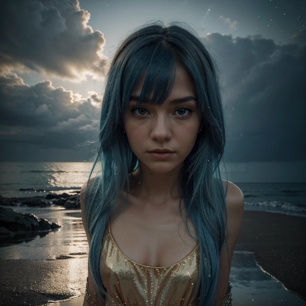 Create a high-quality, 8K ultra-high resolution image of a woman with long, light blue hair standing on a beach, holding a mirror. She is looking at her reflection, which has a blurred face and is gazing directly at the viewer, conveying an eerie and melancholic aura. The background features a breathtaking, overcast sky in shades of gold, red, and orange, adorned with visible galaxies and stars, adding to the somber and otherworldly mood of the scene. Use high contrast and low saturation to emphasize the detailed anatomy-based character design and the emotional depth of the composition.
