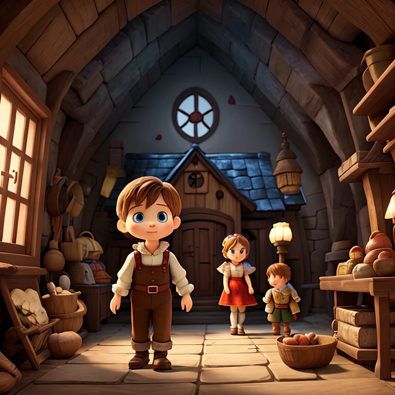 to famous fairy tales《Hansel and Gretel》artistic interpretation，Presented in a unique cartoon cute version。The brother and sister ran away from the candy house，。The overall atmosphere is a bit mysterious。