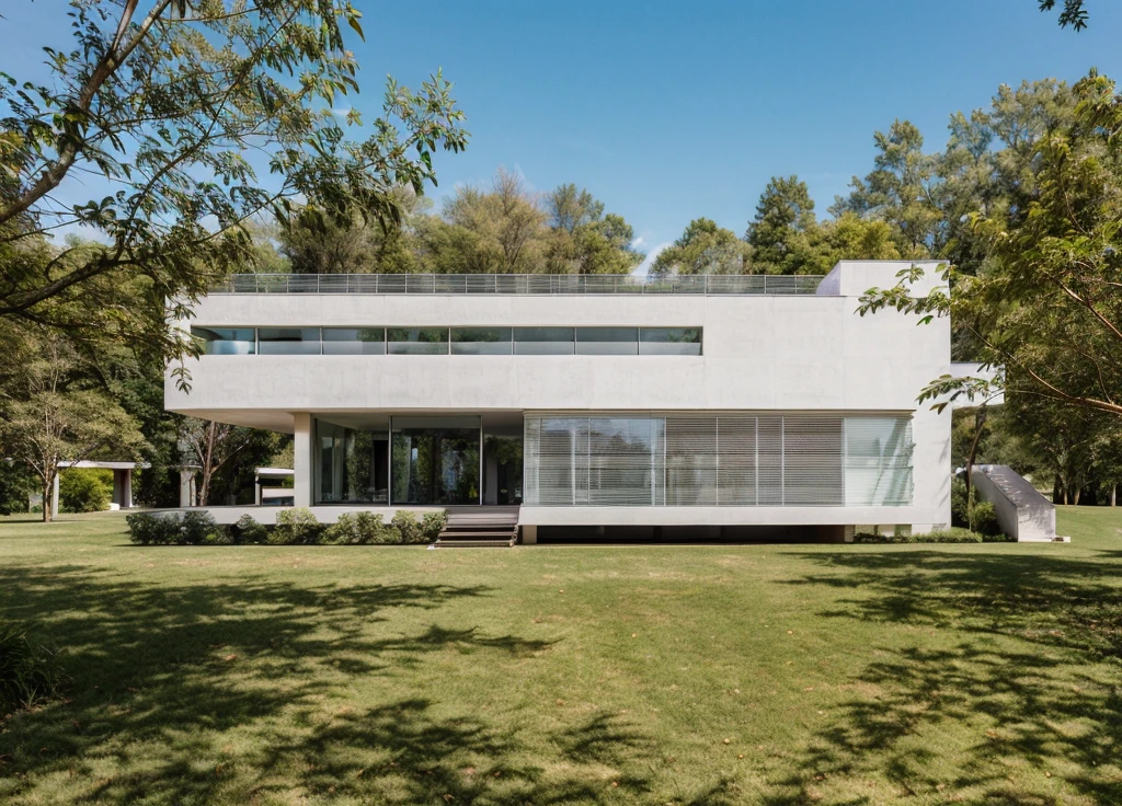 exterior architec ture, Lecorbusier style, white house , plant around the building, sky, trees, the building in forest, surrounded by green grass hills, All pictures are real, 100% real pictures, high quality, clear pictures , hyper realistic, depth of field , modern architecture, minimal architecture , futuristic architecture