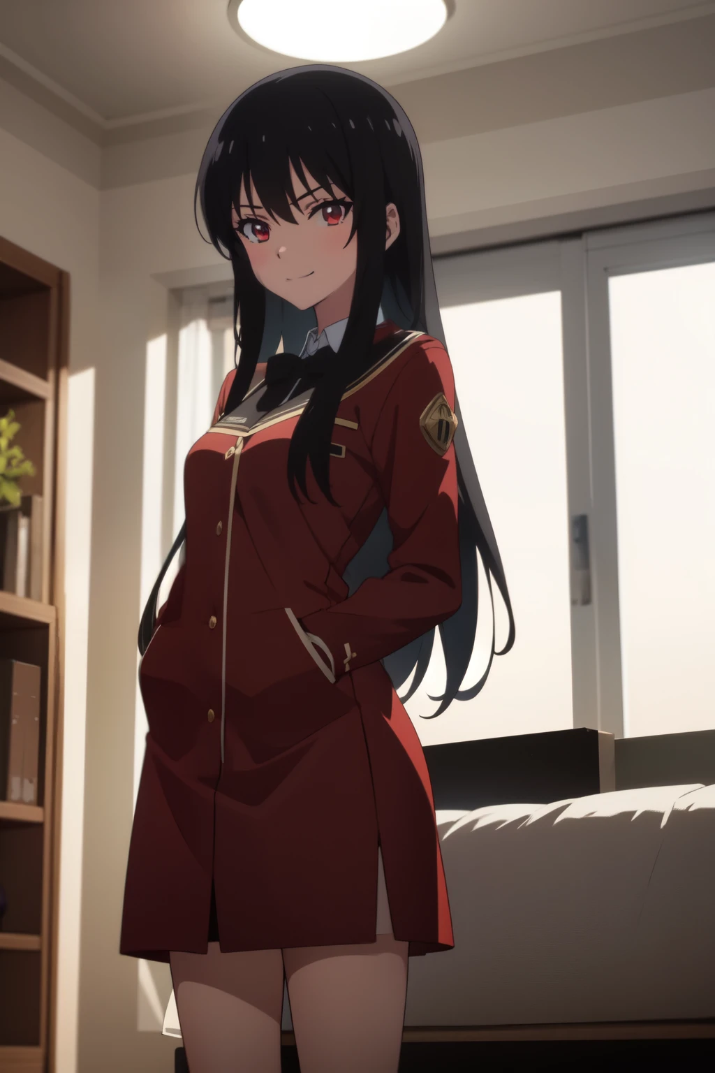 Anime background art, bottom of room, one bed, standing, beautiful anime scenes, 4K anime art wallpaper, 4k anime art wallpaper, Rosla global illumination, anime girl, best quality, detailed, 1 girl, alone, same as LORA, same as lora, closed mouth, light smile, black hair, long hair, defined eyes, red eyes, looking at viewer, red  costume.

