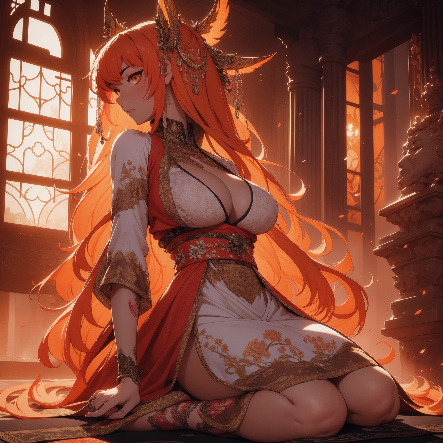 REALISTIC VISION 1.4, BETTER VAE,sharp focus, ultra detail, 32k,realistic photo, intricate details, kitsune, orange hair, oranfe eyes, intricate details ,woman, nine tails,intricate details,intricate details,big , Voluptuous body, intricate details, Miko,clothes long white dress with red details intricate details,tattoos intricate details,full body, sitting on the ground, backwards, looking back